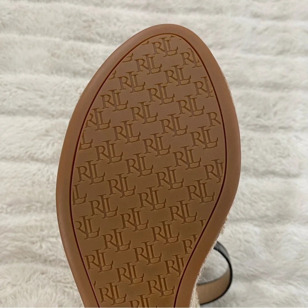Lauren Ralph Lauren Hale II Black Leather Croc Espadrille Wedges Size 9.5